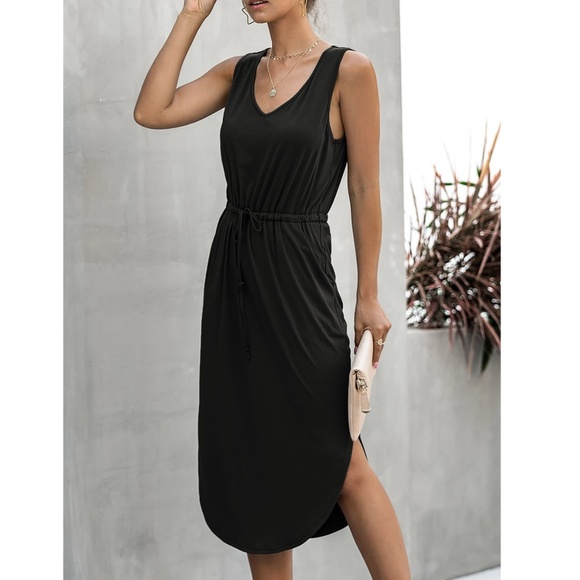 Black Drawstring Waist Midi Casual Dress - Picture 5 of 14